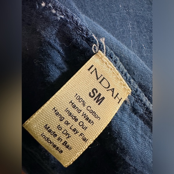 INDAH Bohemian Blue & Tan Cotton Kimono Coverup Cut-Out Floral Detail Top Sz S/M - Picture 9 of 9